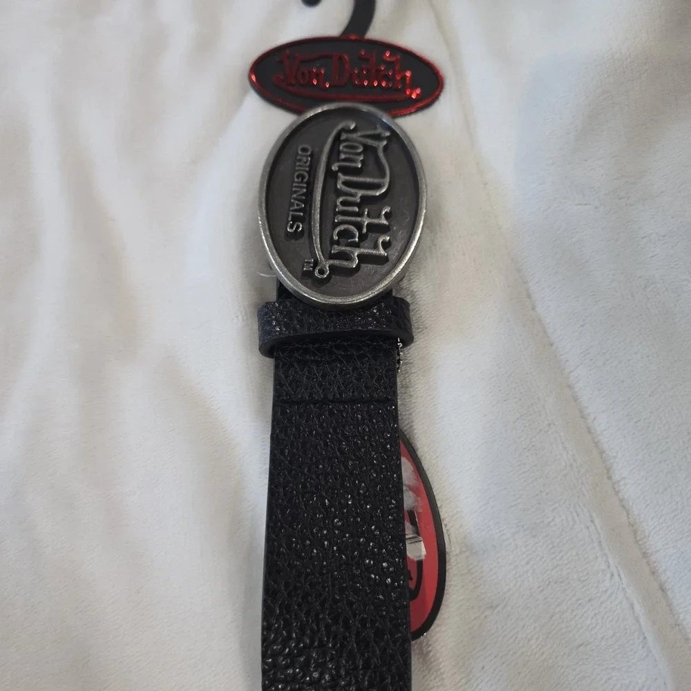 Von Dutch Men Black Textured Belt Matte Silver Buckle Y2K Nostalgia Staple Sz 30